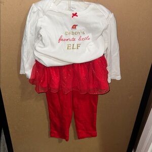 Carter's Long Sleeve Baby Onesie DADDYS FAVORITE LITTLE ELF w red Tutu leggings